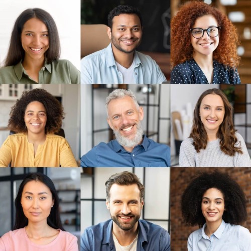 Morning meeting online. Shared screen with multiracial colleagues, crowded desktop, video call, webinar, virtual conference. Diverse people brainstorming on the distance via app for video connection